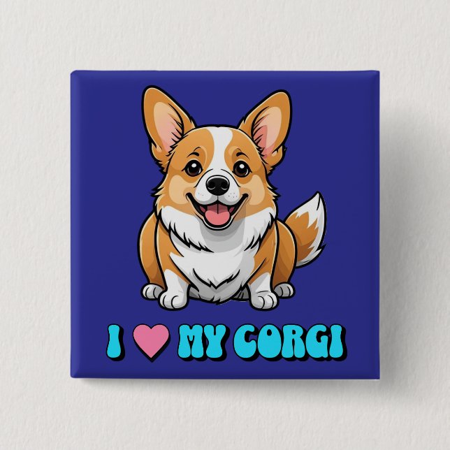 Bóton Quadrado 5.08cm Eu Amo Meu Corgi (Frente)