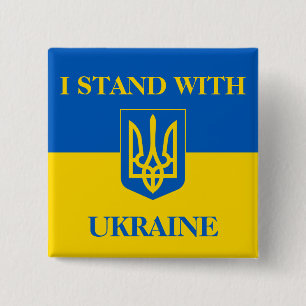 Bóton Quadrado 5.08cm Eu Apoio a Ucrânia. Bandeira da Ucrânia & Tridente