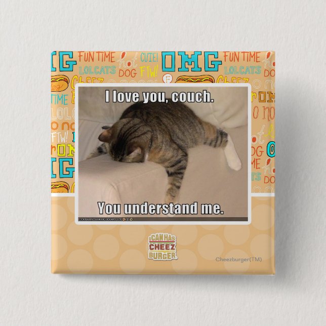 Bóton Quadrado 5.08cm Eu te amo, sofá (Frente)