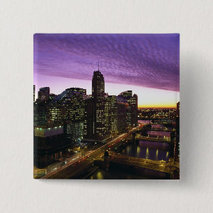 Bóton Quadrado 5.08cm EUA, IL, Chicago. Horizonte e rio de Chicago