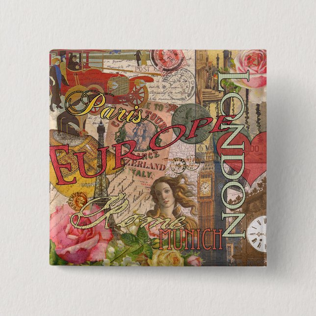 Bóton Quadrado 5.08cm European Viagem Impressão Art London Roma Paris (Frente)