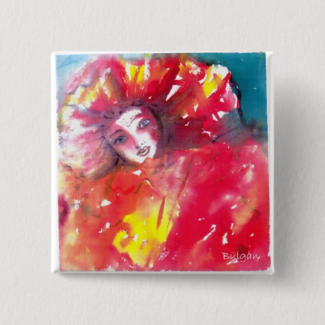 BÓTON QUADRADO 5.08CM FACES DE MASCARADA VENETINA - MÁSCARA EM VERMELHO (Frente)