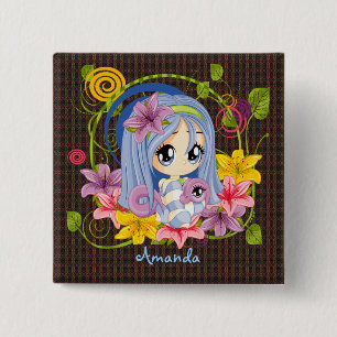 Bóton Quadrado 5.08cm Fada De Dragão Chibi De Olhos Grandes E Bonitos
