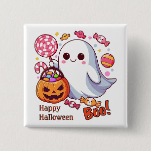 Bóton Quadrado 5.08cm Fantasma Assustador de Halloween Fofo, Abóboras e