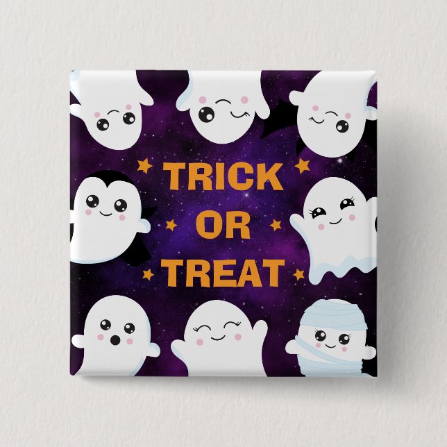 Bóton Quadrado 5.08cm Fantasmas de Halloween Fofos Pegue ou Coma (Frente)