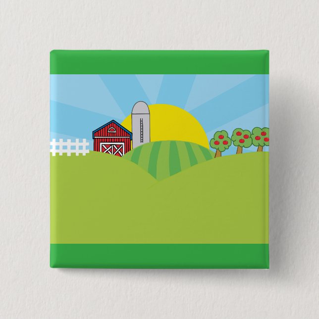 Bóton Quadrado 5.08cm Farm Landscape Red Barn Silo Apple Trees (Frente)