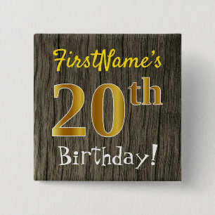 Bóton Quadrado 5.08cm Faux Wood, Faux Dourada 20 Birthday + nome persona