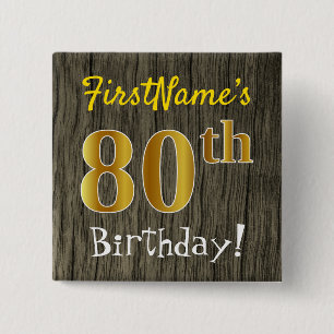 Bóton Quadrado 5.08cm Faux Wood, Faux Dourada 80 Birthday + nome persona
