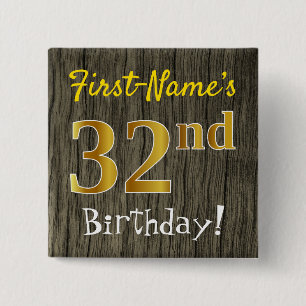 Bóton Quadrado 5.08cm Faux Wood, Faux Dourado 32º Aniversário + Nome P