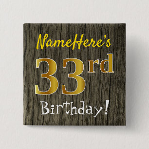 Bóton Quadrado 5.08cm Faux Wood, Faux Dourado 33º Aniversário + Nome P