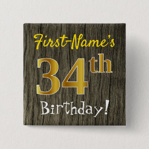 Bóton Quadrado 5.08cm Faux Wood, Faux Dourado 34. Aniversário + Nome Pe