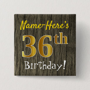 Bóton Quadrado 5.08cm Faux Wood, Faux Dourado 36º aniversário + Nome P