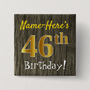 Bóton Quadrado 5.08cm Faux Wood, Faux Dourado 46º aniversário + Nome P
