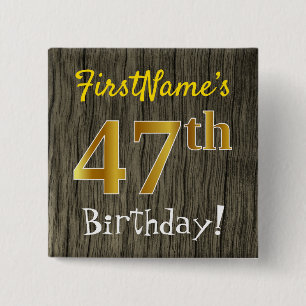 Bóton Quadrado 5.08cm Faux Wood, Faux Dourado 47.º Aniversário + Nome Pe