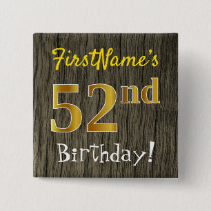Bóton Quadrado 5.08cm Faux Wood, Faux Dourado 52º Aniversário + Nome P
