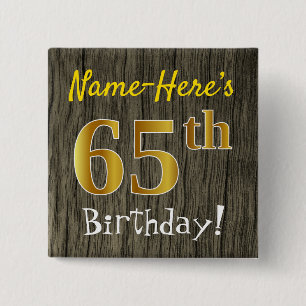 Bóton Quadrado 5.08cm Faux Wood, Faux Dourado 65º aniversário + Nome P