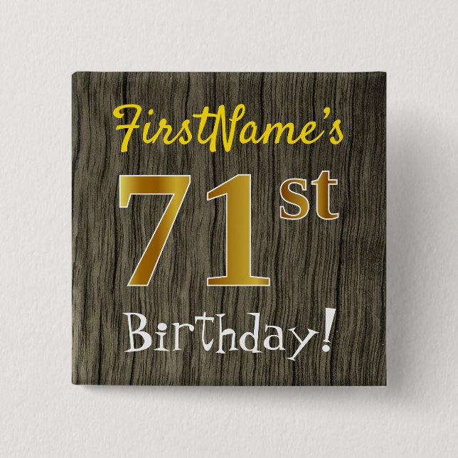 Bóton Quadrado 5.08cm Faux Wood, Faux Dourado 71ruas Birthday + Nome Per (Frente)