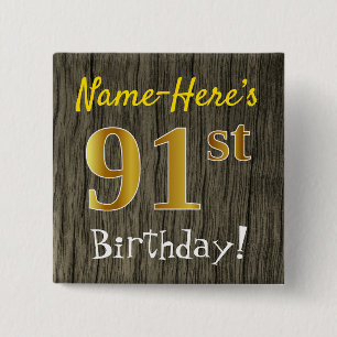 Bóton Quadrado 5.08cm Faux Wood, Faux Dourado 91rua Birthday + Nome Pers