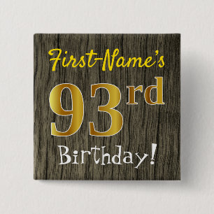 Bóton Quadrado 5.08cm Faux Wood, Faux Dourado 93º Aniversário + Nome Per