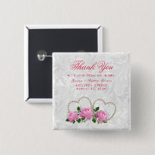 Bóton Quadrado 5.08cm Favor de Noiva Pérolas Corações & Rosas Damasco