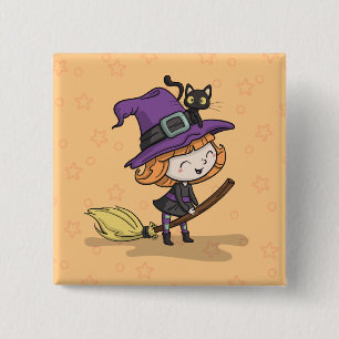 Bóton Quadrado 5.08cm Feiticeira e Gato do Halloween   Botao