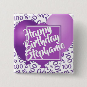 Bóton Quadrado 5.08cm Feliz Aniversário 100º Número Padrão Roxo/Branco