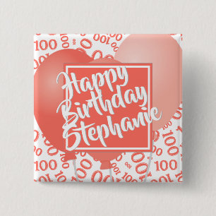 Bóton Quadrado 5.08cm Feliz Aniversário 100º Padrão de Número Coral/Bran