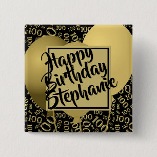Bóton Quadrado 5.08cm Feliz Aniversário 100º Padrão de Número Preto/Dour