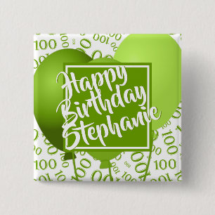 Bóton Quadrado 5.08cm Feliz Aniversário 100º Padrão de Número Verde/Bran