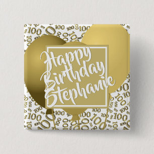 Bóton Quadrado 5.08cm Feliz Aniversário - 100º Padrão Número Branco/