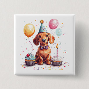 Bóton Quadrado 5.08cm Feliz Aniversário Cachorro Dachshund
