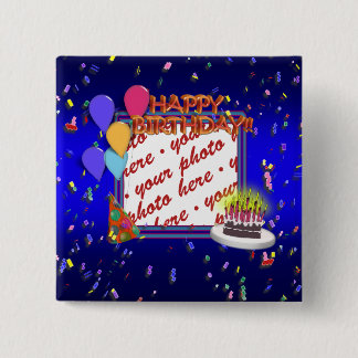 Bóton Quadrado 5.08cm Feliz Aniversário Com Fotografia Confetti