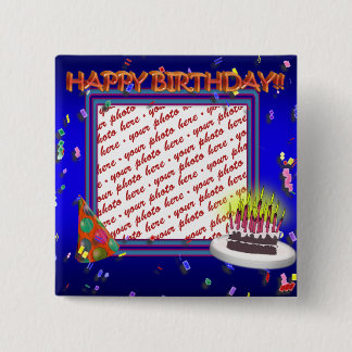 Bóton Quadrado 5.08cm Feliz Aniversário Com Fotografia Confetti