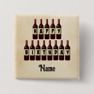 Bóton Quadrado 5.08cm Feliz Aniversário Garrafas de Vinho Vermelho Perso