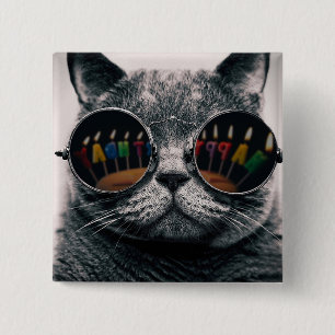 Bóton Quadrado 5.08cm Feliz Aniversário Gato 