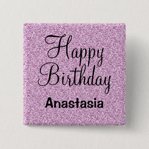 Bóton Quadrado 5.08cm Feliz Aniversário Glam Glitter Roxo Nome