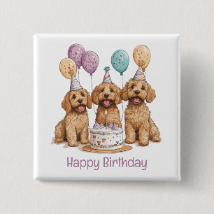Bóton Quadrado 5.08cm Feliz aniversário Goldendoodle Cães Bolo de Aniver
