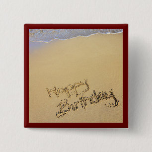 Bóton Quadrado 5.08cm Feliz aniversário na areia