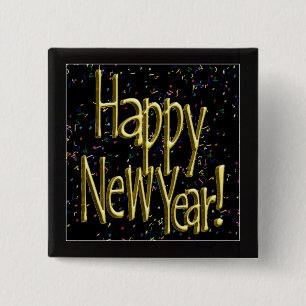 Bóton Quadrado 5.08cm Feliz ano novo - Texto Dourado sobre Confetti Pret