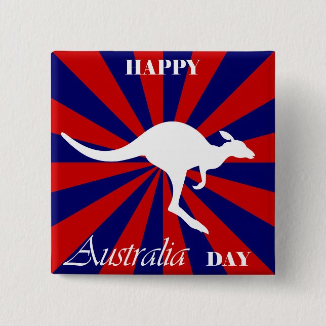 Bóton Quadrado 5.08cm Feliz Dia da Austrália - Canguru Australiano (Frente)