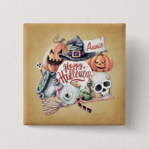 Bóton Quadrado 5.08cm Feliz Dia das Bruxas da Vintage Personalizada Bo