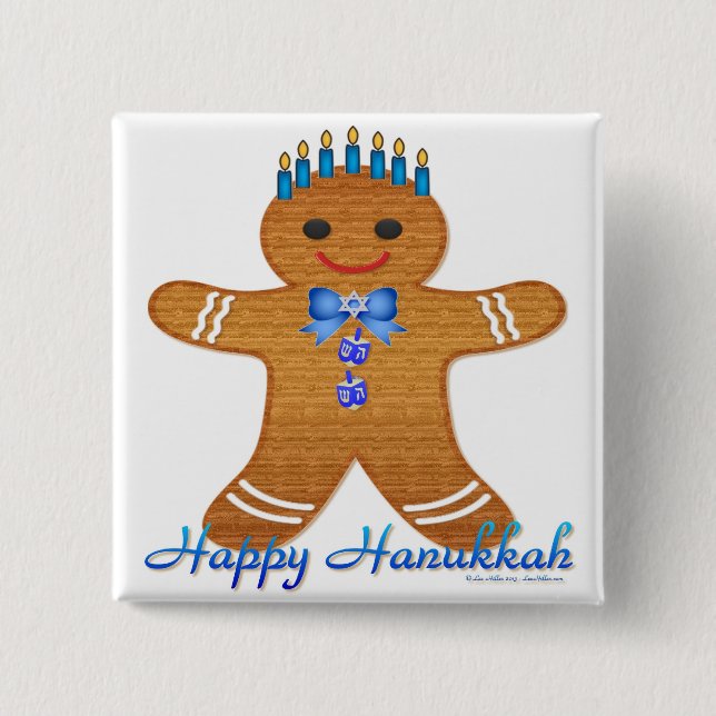 Bóton Quadrado 5.08cm Feliz Hanukkah Gingerpão Homem Menorah (Frente)