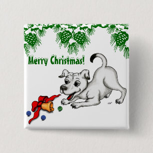 Bóton Quadrado 5.08cm Feliz Natal! Cachorro com Bell e Ball