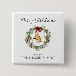 Bóton Quadrado 5.08cm Feliz Natal, coroa de folhagem com sinos de ouro