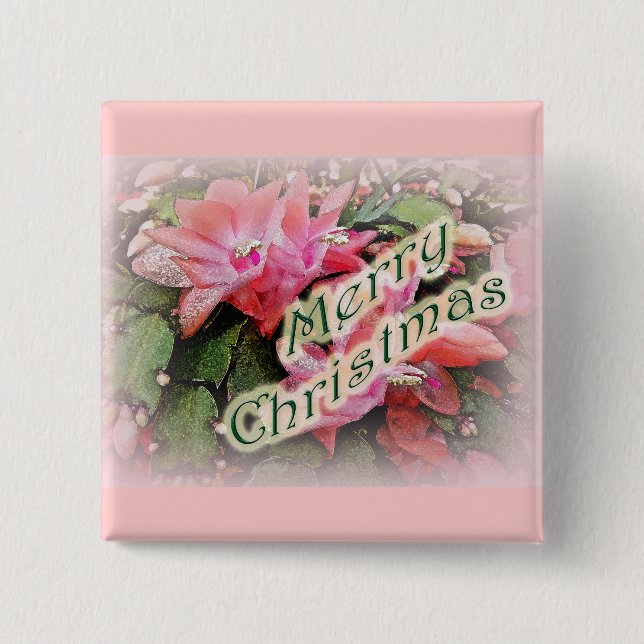 Bóton Quadrado 5.08cm Feliz Natal Flores de Cactus (Frente)
