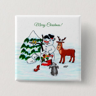 Bóton Quadrado 5.08cm Feliz Natal! Homem de Neve com Amigos