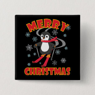 Bóton Quadrado 5.08cm Feliz Natal Pinguim do Esqui