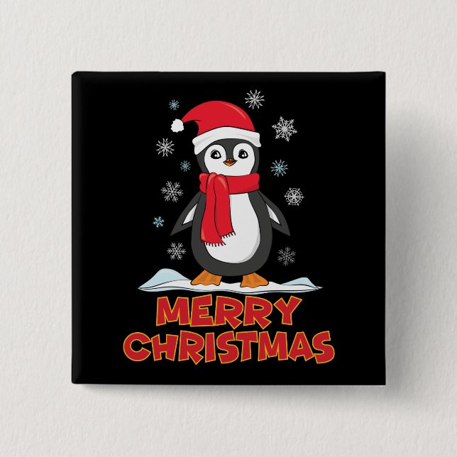 Bóton Quadrado 5.08cm Feliz Natal - Pinguim Gato (Frente)