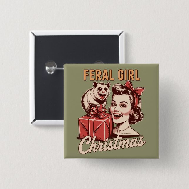 Bóton Quadrado 5.08cm Feral Girl Christmas Ogambm Xmas Trashy Retro (Frente & Verso)