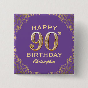 Bóton Quadrado 5.08cm Festa de aniversário Roxo e quadro Glitter Dourado